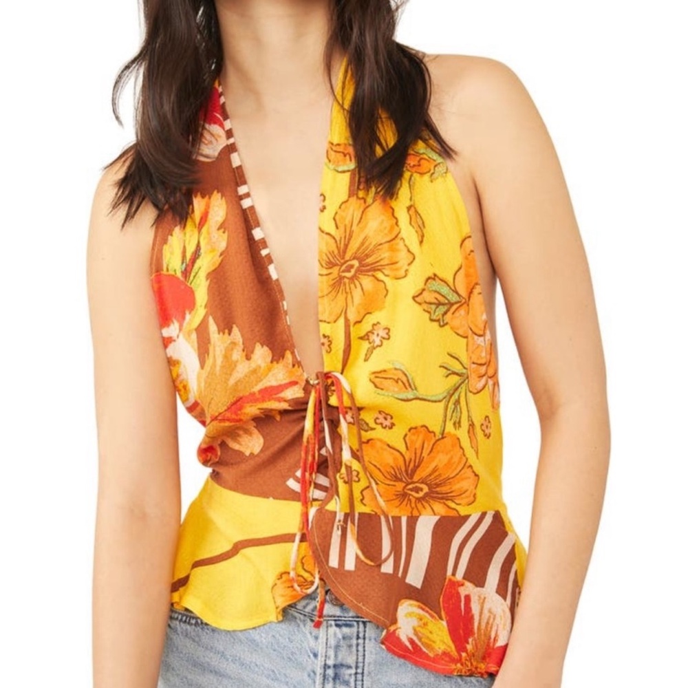 NWT Free People Hot Tropics Tank Mango Combo V Neck Summer Blouse (size XS)